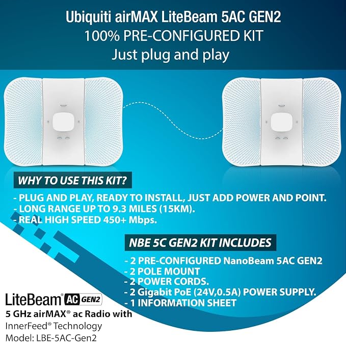Wireless Bridge LBE-5AC-GEN2 PRE-CONFIGURED Bundle of 2 Ubiquiti LiteBeam 5AC - Image 6