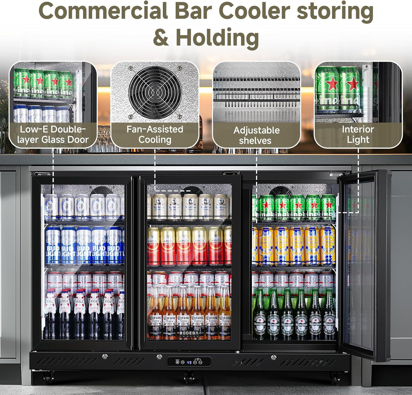 BODEGACOOLER Back Bar Cooler With 3 Glass Doors,Counter Height Beverage Refrigerator,12 Cu.Ft Commercial Display Bar Fridge with LED Lighting,21 inch Beverage Cooler for Beer,Soda Drinks,Wine