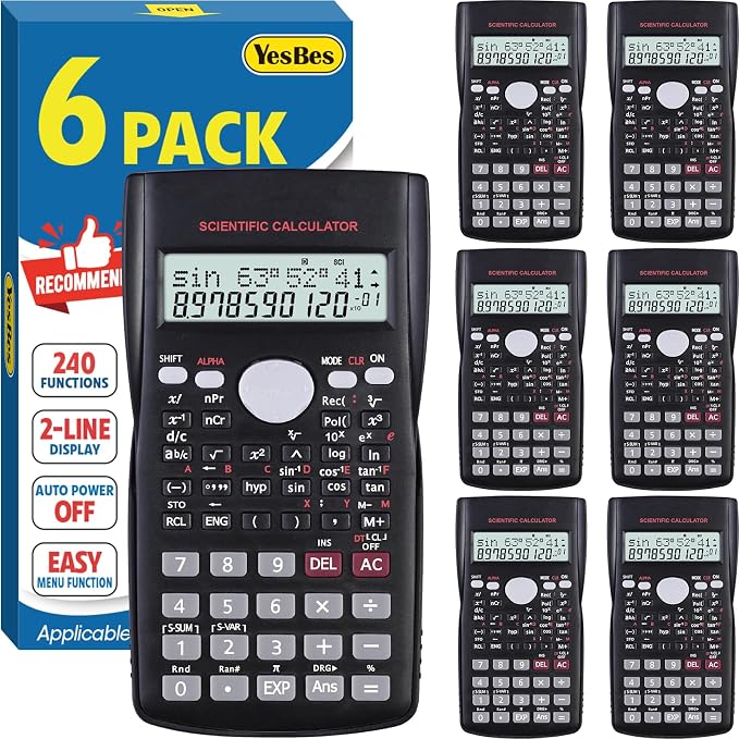6 Pack Scientific Calculators Bulk, 2-Line Large Screen Display 240 Functions by YesBes