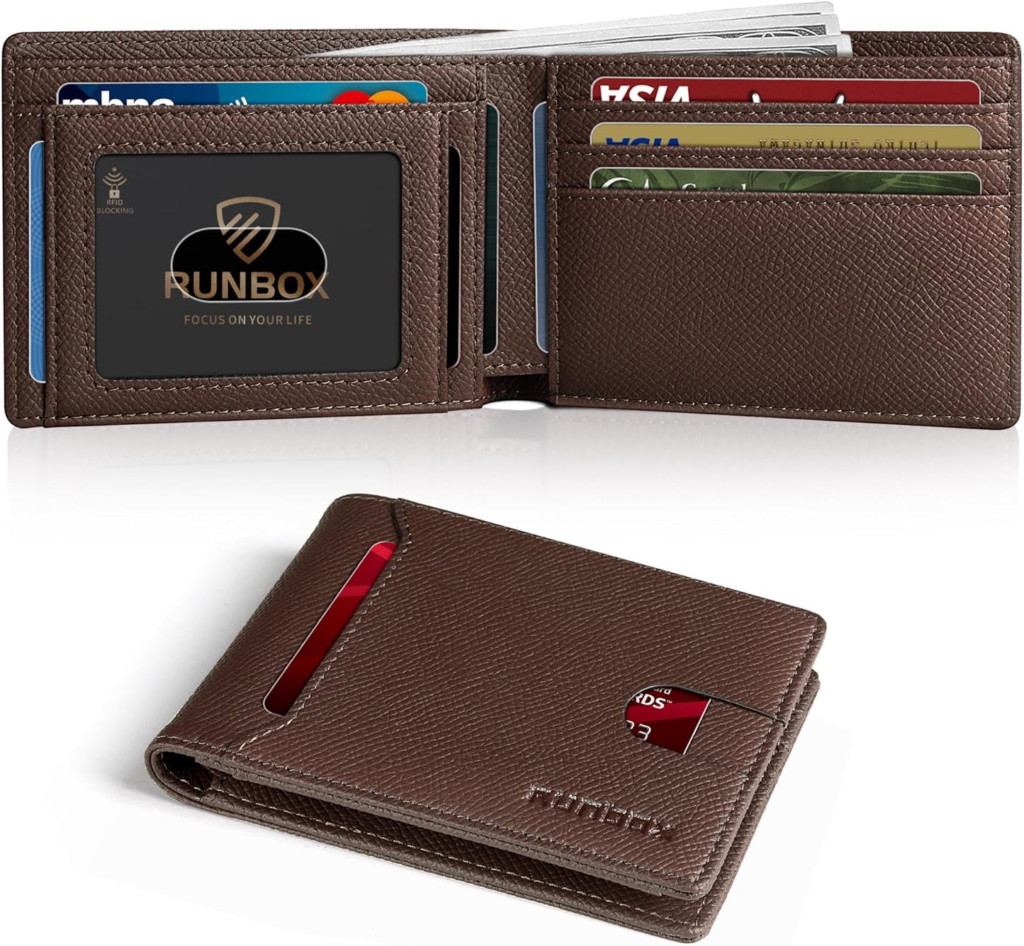 RUNBOX Novelty Wallet for Men Slim 11 Credit Card Holder Slots Leather RFID Blocking Small Thin Men's Wallet Bifold Minimalist Front Pocket Large Capacity Gift Box