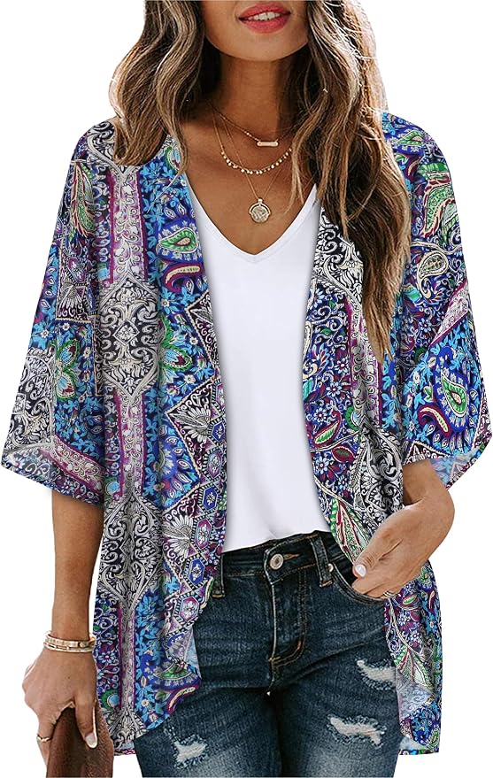 Women's Floral Print Puff Sleeve Kimono Cardigan Loose Cover Up Casual Blouse by CHICGAL