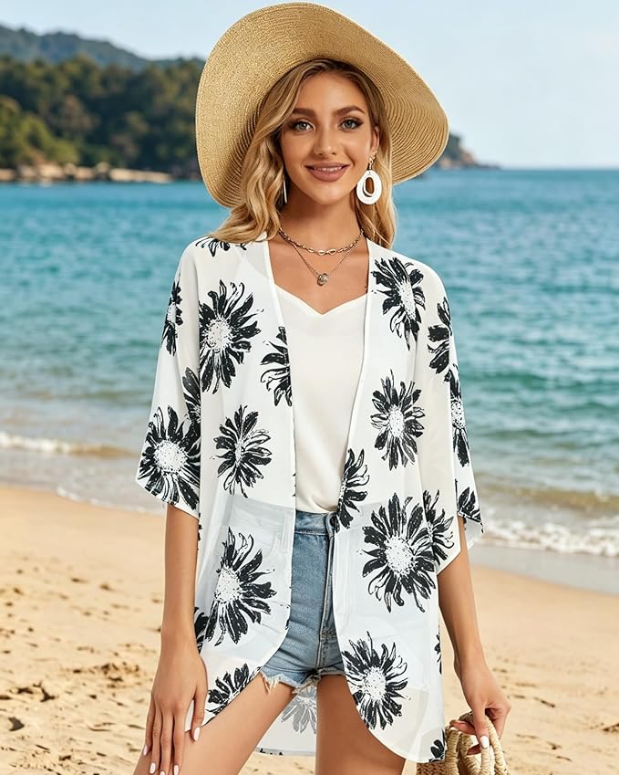 Women's Floral Print Puff Sleeve Kimono Cardigan Loose Cover Up Casual Blouse - Image 7