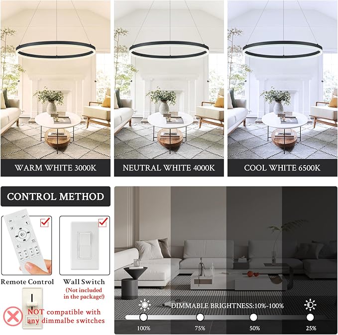 Modern LED Pendant Lighting Ring Chandelier Black Dimmable LED Chandelier - Image 2