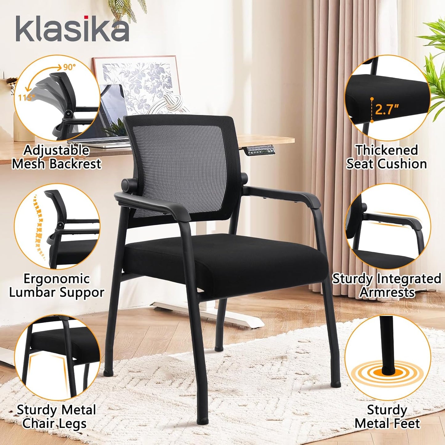 Desk Chair No Wheels with Adjustable Mesh Backrest, Arm Chair with Ergonomic Lumbar Support and Thickened Seats Cushion, Waiting Room Chairs for Office School Church Guest Reception, 4PACK