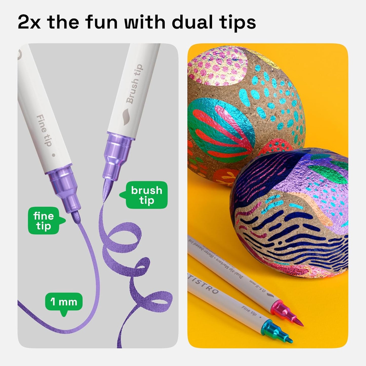 ARTISTRO Dual Tip Acrylic Paint Markers - Easy for All Ages & Levels Acrylic Paint Pens for Fabric, Rocks, Paper, Wood, Canvas, Glass, DIY (Dual Tip Metallic, 24)