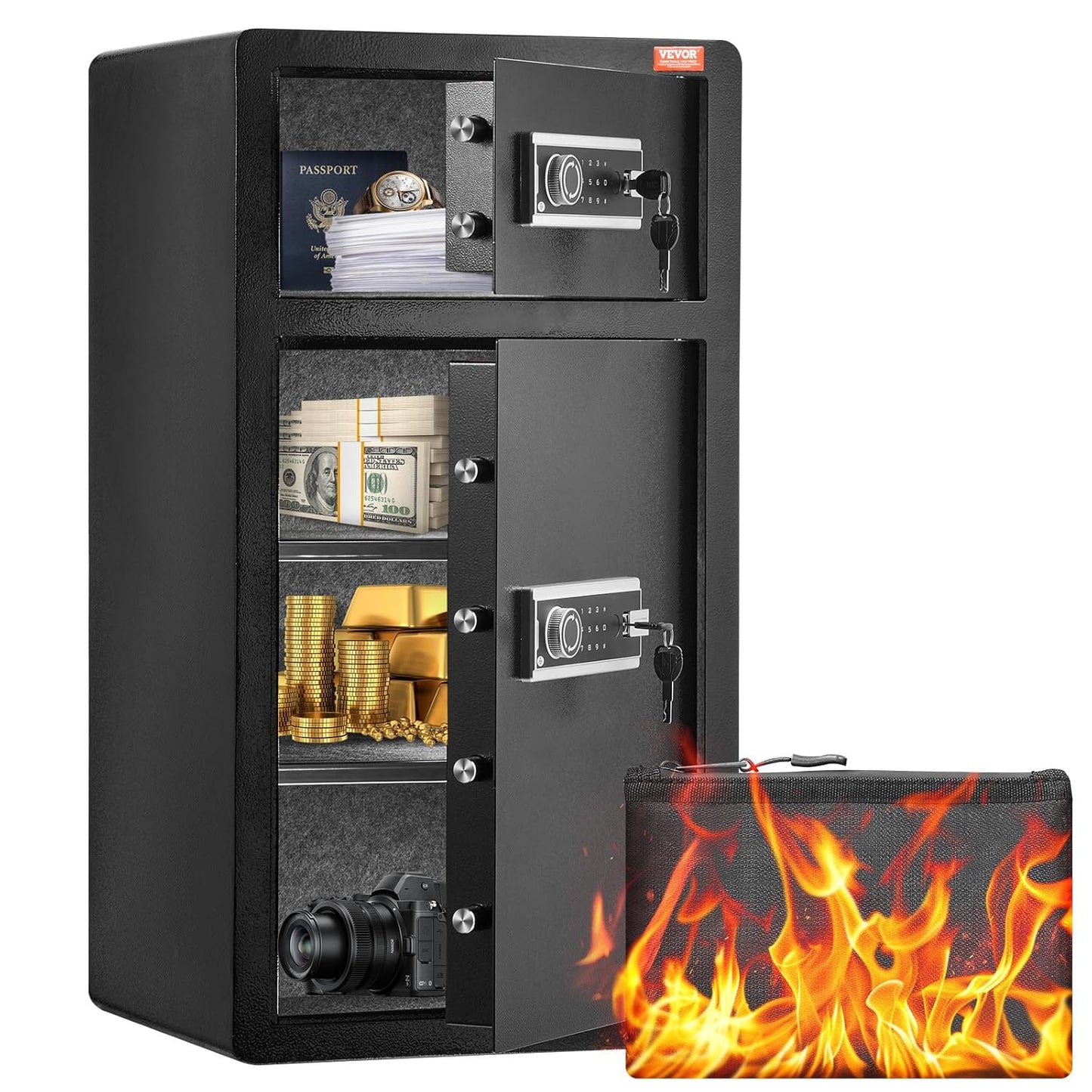 VEVOR Double Doors 7.2 cu.ft Safe Box with Key Lock & Password, Safe Lock Box with Fireproof Bag, Key Rack, LED Light and 2 Height Adjustable and Removable Divider for Money, Documents, Black
