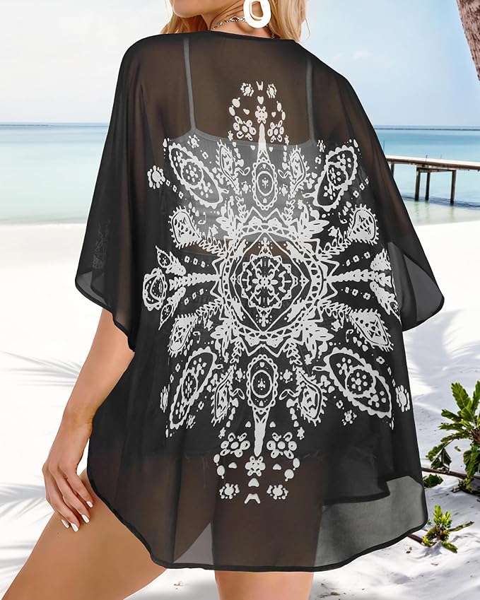 Women's Floral Print Puff Sleeve Kimono Cardigan Loose Cover Up Casual Blouse - Image 5