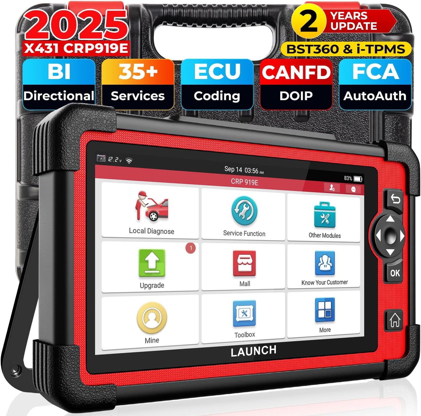 LAUNCH X431 CRP919E OBD2 Scanner, 2025 Bidirectional Scan Tool as CRP919EBT, CANFD & DoIP, ECU Coding, 35+ Service, Active Tests, All System Diagnosis, FCA Autoauth, BST360 & TPMS, 2 Year Update