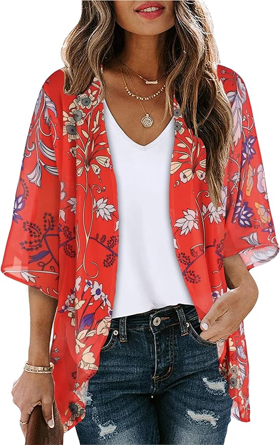 Women's Floral Print Puff Sleeve Kimono Cardigan Loose Cover Up Casual Blouse by CHICGAL