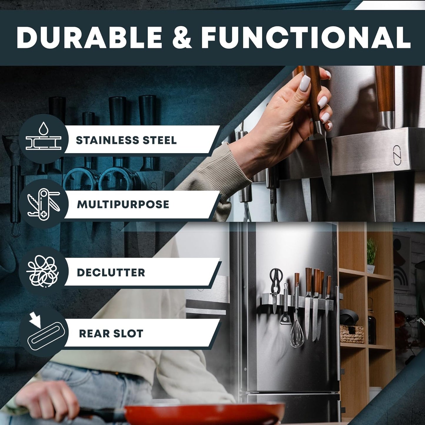 16" Magnetic Knife Holder for Refrigerator with 2x Storage - Safe, Patented Storage Design - Stainless Steel Double Sided Magnetic Kitchen Knife Holder for Fridge - Magnet Strip Utensil Organizer