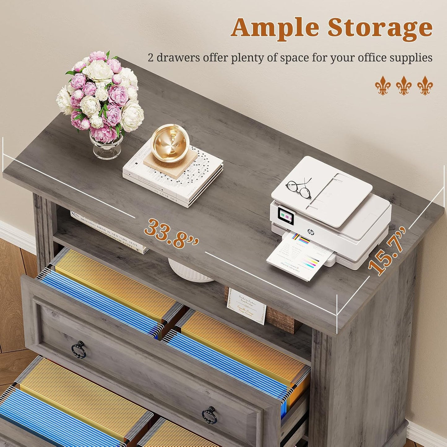 Itaar 2 Drawer File Cabinet, Farmhouse Filing Cabinet for Home Office Fits Letter, Legal, A4 Size, Wood Lateral File Cabinet with Printer Stand, Storage Shelf, Grey
