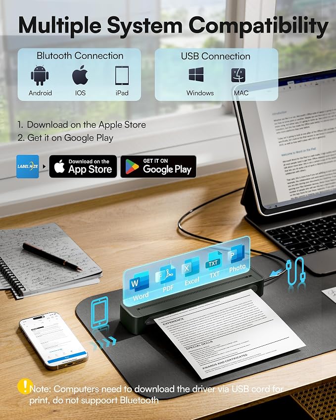 D90E Inkless Portable Printer for Travel, Supports 8.5 x 11 Inch Thermal Paper - Image 2