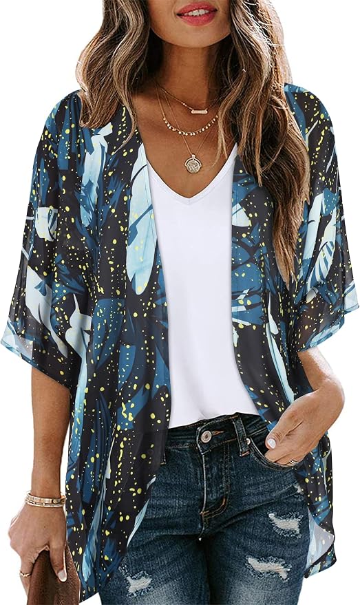 Women's Floral Print Puff Sleeve Kimono Cardigan Loose Cover Up Casual Blouse by CHICGAL