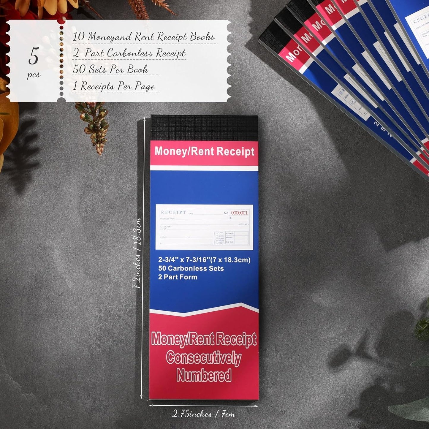Crtiin 5 Pads Money and Rent Receipt Book 2.75 x 7.2 Inch Bound Cover 2 Part Carbonless Receipt Book with Carbonless Copies Receipt Log Book 50 Sets Per Book