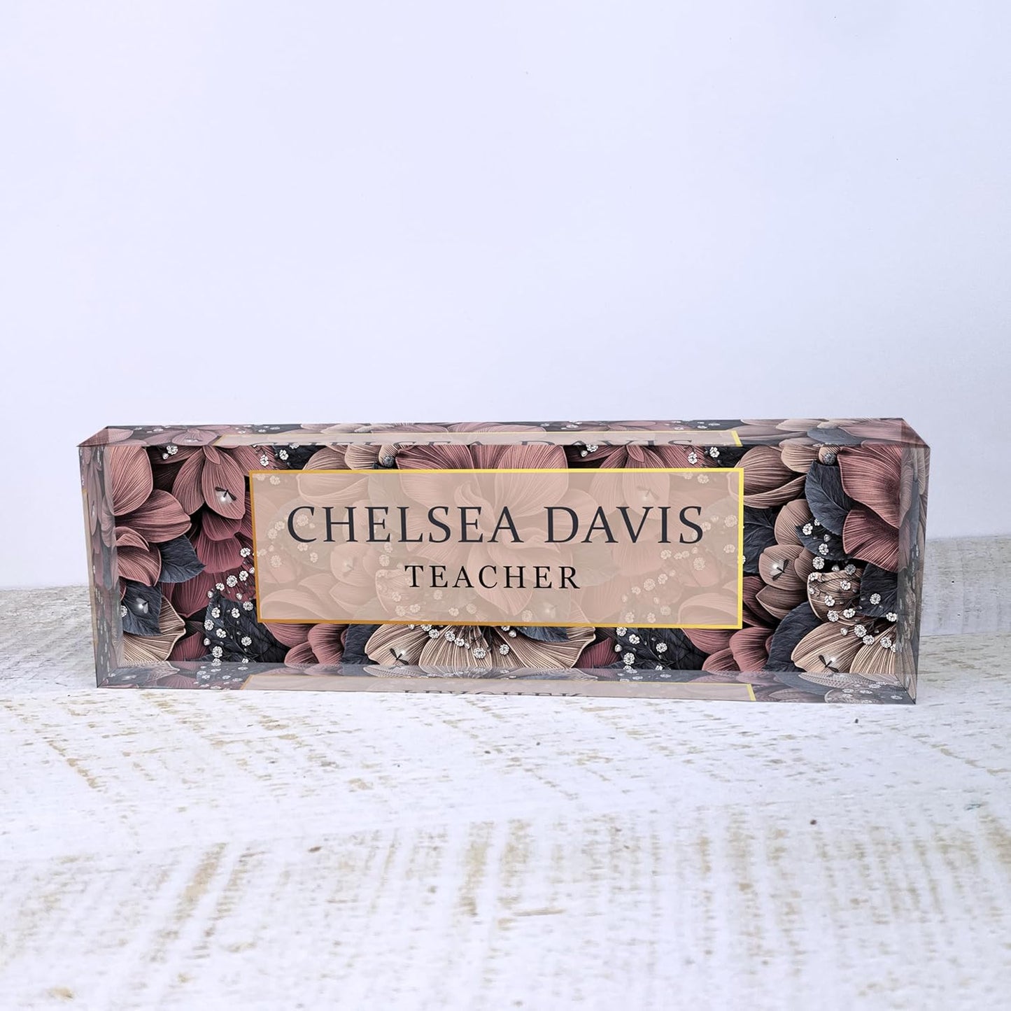 Floral Acrylic Name Block for Desk, Womens Personalized Desk Name Plate, Nameplate for Colleague, Office Desk Sign, Flower Desk Plaque