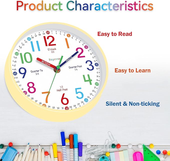 Roymnie Wall Clock 8 Inch for Kids Learning to Tell Time Easily Non Ticking - Image 6