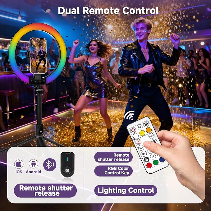 10" Ring Light with Stand 74'' Tall & Phone Holder, RGB Full Color Modes Selfie - Image 6