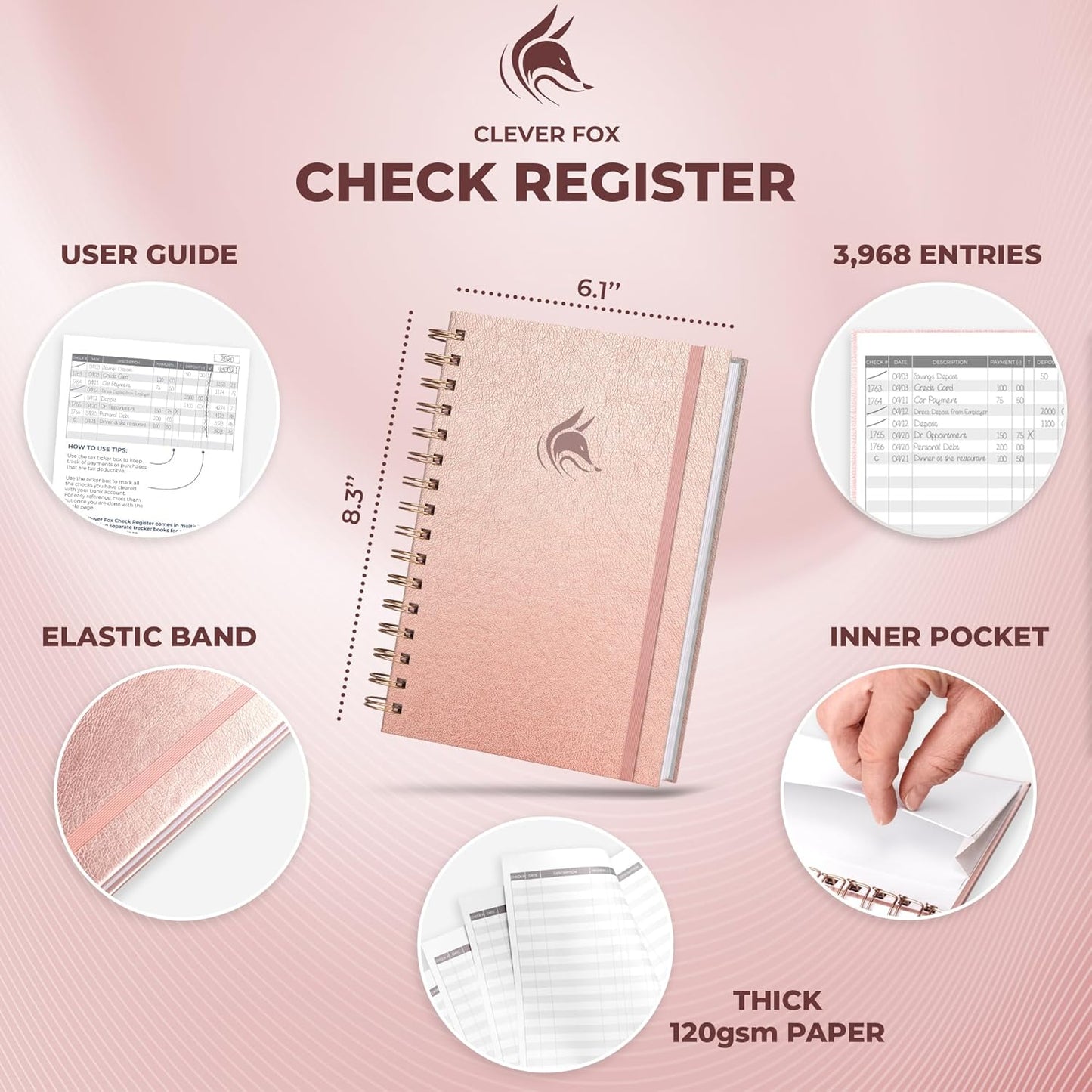 Clever Fox Check Register for Personal Checkbook – Checking Book Register – Checkbook Register – Accounting Ledger Book – 3968 Entry Lines, 6.1" x 8.3", Spiral Binding, Hardcover, Rose Gold