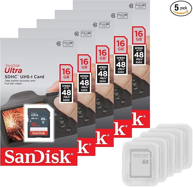 5 Pack - SanDisk Ultra 16GB SD SDHC Memory Flash Card UHS-I Class 10 Read Speed by Sandisk