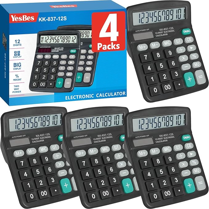 4 Pack Calculator Bulk, 12 Digits Calculators Desktop by YesBes