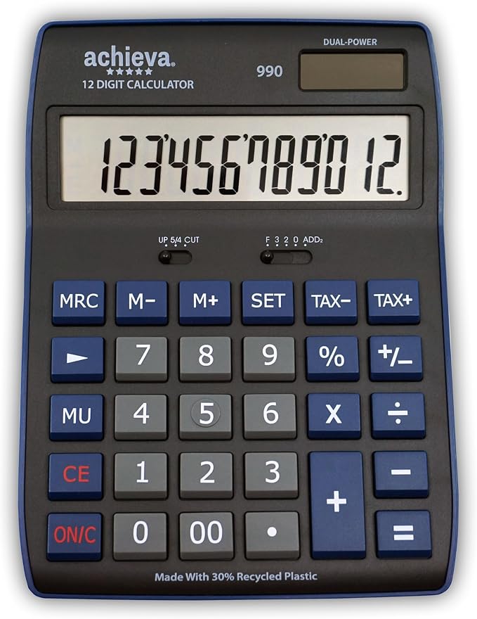 Achieva 12-Digit LCD Display Desktop Calculator | Blue | Mark Up Key, by Achieva