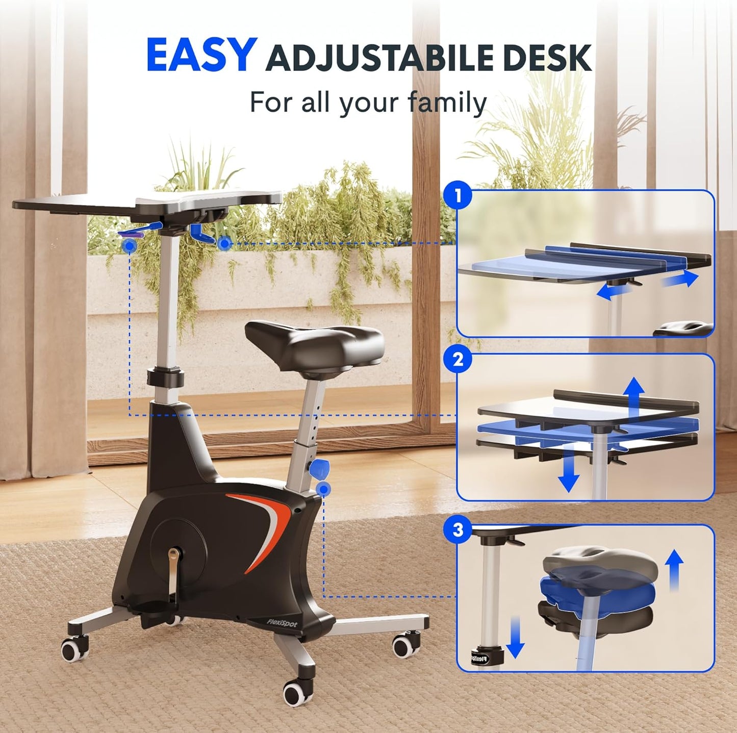 FLEXISPOT Small Standing Desk Adjustable Height Movable Rolling Desks for Teachers Laptop Desks Workstation with Integrated Pedal Exerciser Wide Seat, Desk for Home Office Corner Small Space, Black