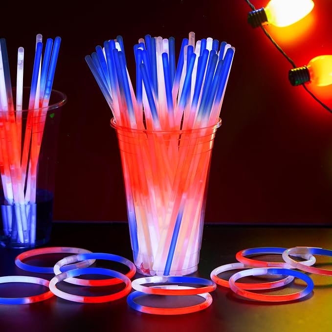 JOYIN 144 Pcs 4th of July Glow Sticks Bulk, Lightup Bracelet Necklace - Image 8