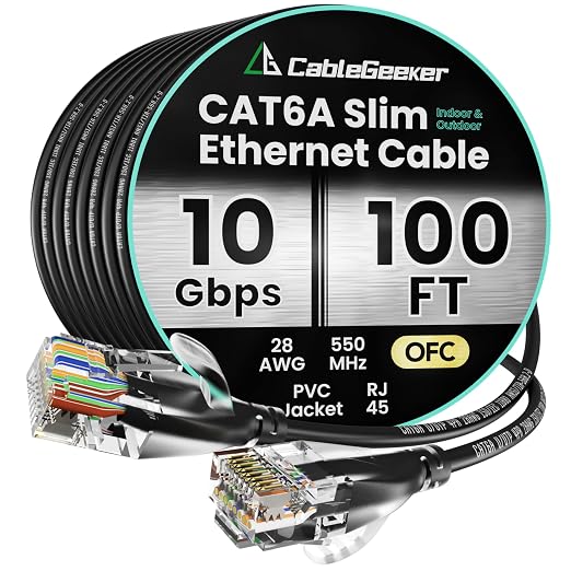 CableGeeker CAT6A Slim Ethernet Cable 100FT, 10Gbps 550MHz High Speed Network by CableGeeker