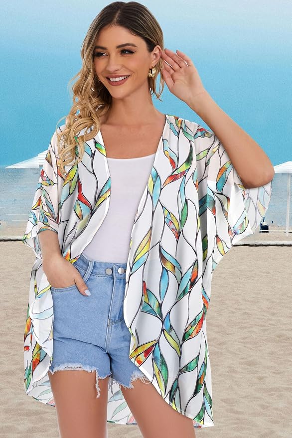 Women's Floral Print Puff Sleeve Kimono Cardigan Loose Cover Up Casual Blouse - Image 5