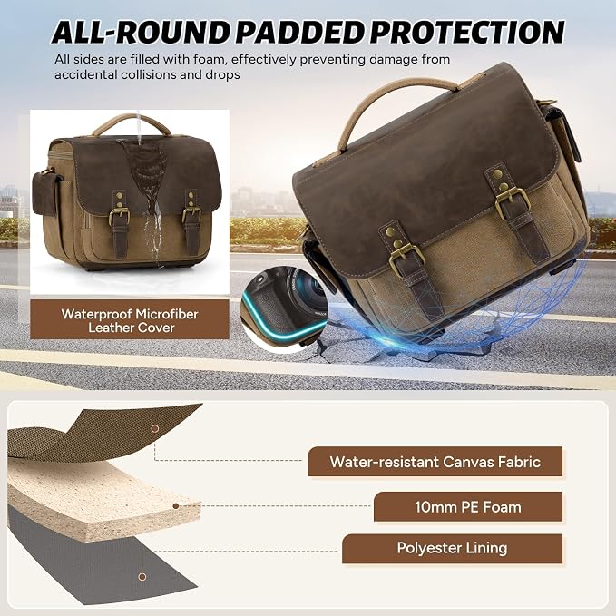 RAINSMORE Camera Bag, Vintage Canvas Camera Sling Bag Small Waterproof DSLR SLR - Image 4