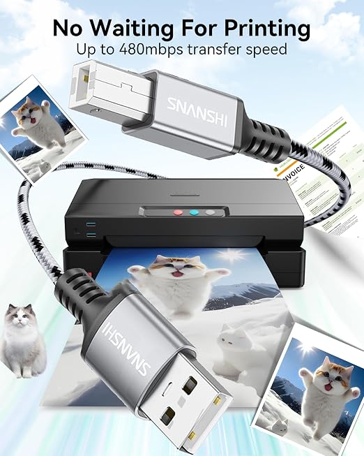 SNANSHI USB Printer Cable 25 ft, Nylon Braided USB 2.0 Type A to B Male Printer - Image 5