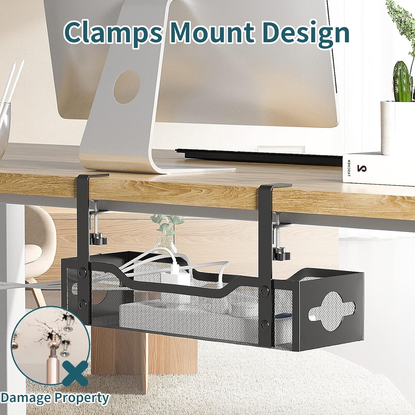 Under Desk Cable Management Tray 2 Pack, Cable Management Under Desk No Drill, Desk Cable Organizer with Clamp Easy to Install for Standing Desk Cord Organizer, Desk Wire Management No Damage to Desk
