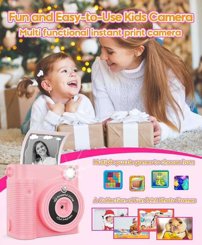 Kids Instant Print Camera Ages 3-12 1080P Selfie 2.4" Screen 32GB Gift Pink | - Image 3