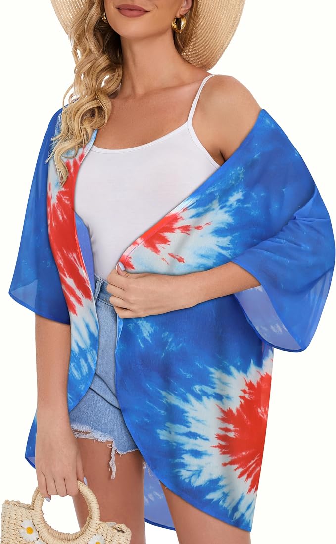 Women's Floral Print Puff Sleeve Kimono Cardigan Loose Cover Up Casual Blouse - Image 3