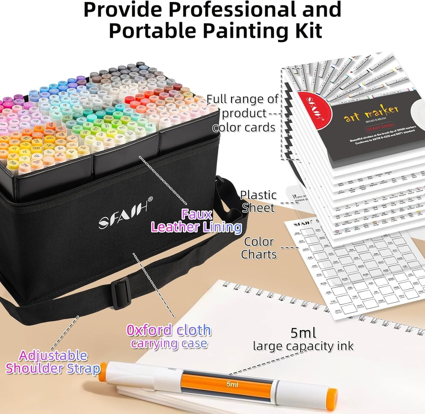 SFAIH Alcohol Markers Brush & Chisel - 216 Colors Double Tipped Art Markers for Adult Coloring Illustration, Gifts for Artist Adult - Adjustable Shoulder Strap & Faux Leather Lining & Outer Zip Pocket
