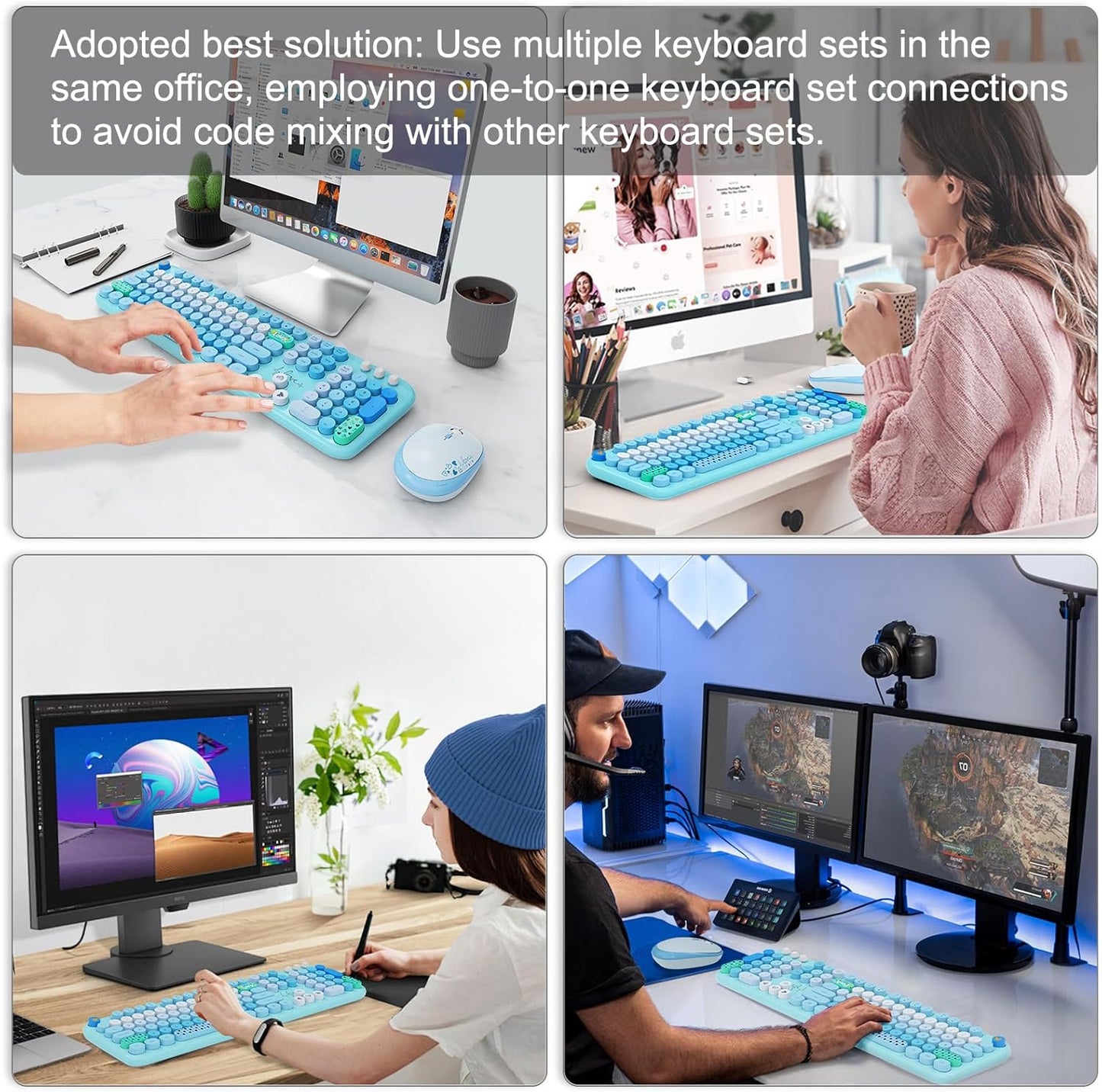 FOPETT Wireless Keyboard and Mouse Combo - 2.4G Full-Sized Cute Colorful Retro Keyboard with Round Keycaps 104 Keys Typewriter Keyboard for Laptop/Windows/PC-Blue Colorful