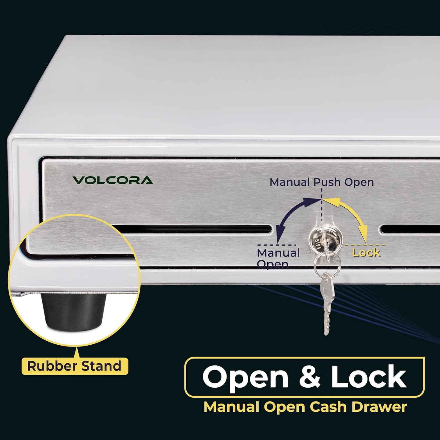 Volcora 16" Manual Push Open Cash Register Drawer for Point of Sale (POS) System - White and Stainless Steel Front Touch Panel - Durable with Removable Tray, 5 Bills and 8 Coin Slots, Key Lock