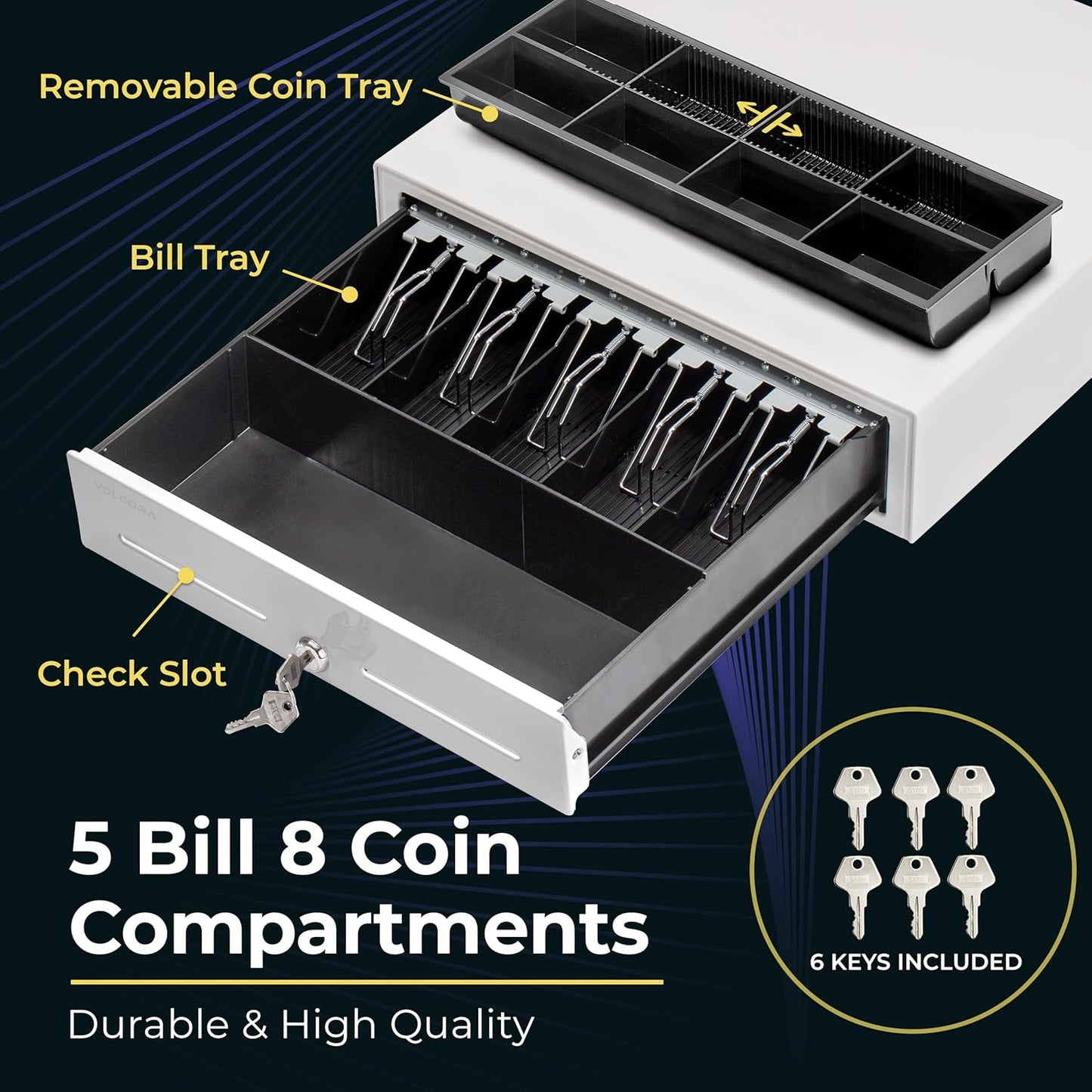 Volcora 16" Push Open Cash Register Drawer for Point of Sale (POS) System, Partial Removable White Heavy Duty Till with 5 Bills/8 Coin Slots, Key Lock and Double Media Slots