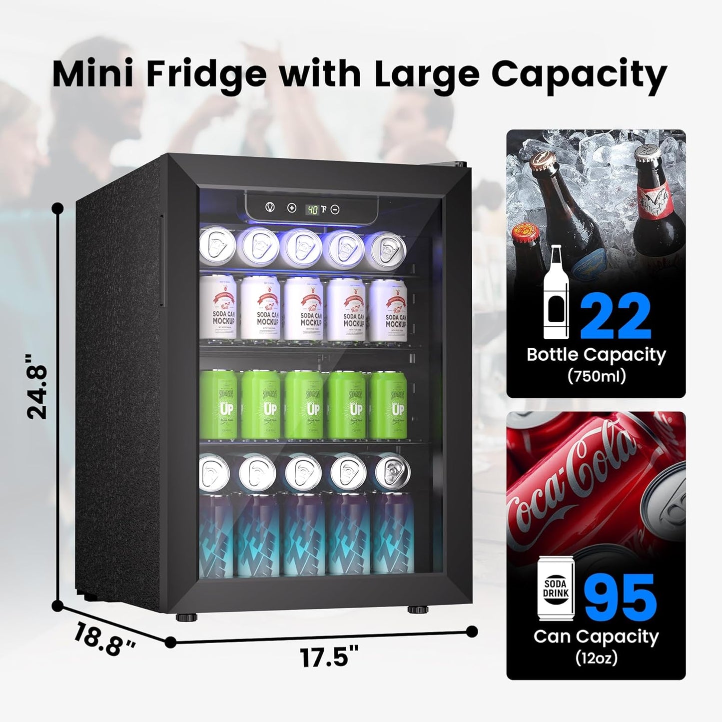 Wine Cooler, 26 Bottle 95 Can Mini Wine Fridge with Clear Glass Door for Beer Soda Water Drink, Small Wine Cellar Beverage Refrigerator for Bedroom Office Home Bar Dorm, 2.6 Cu.Ft