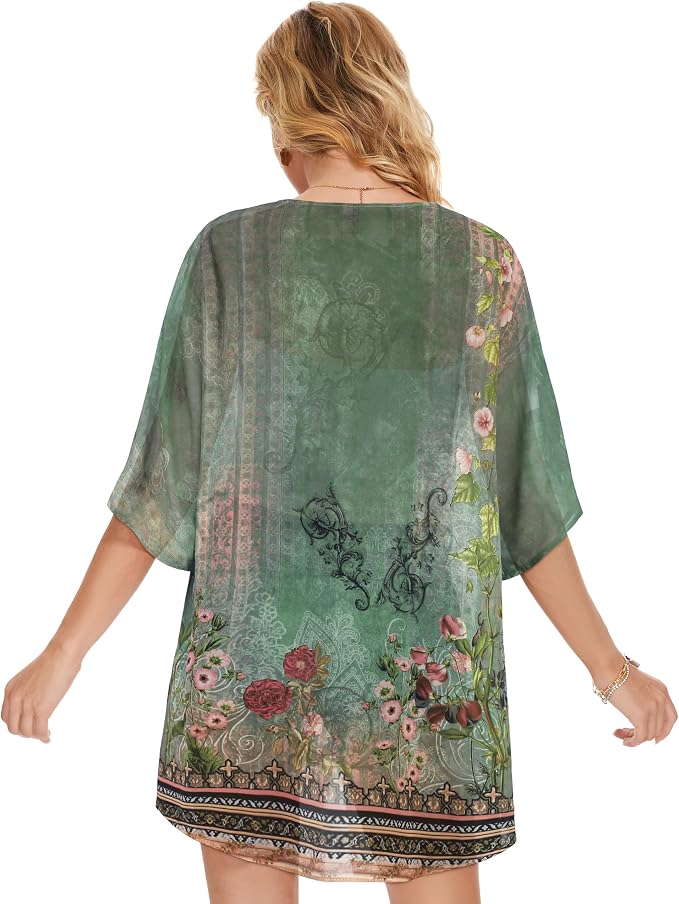 Women's Floral Print Puff Sleeve Kimono Cardigan Loose Cover Up Casual Blouse - Image 7