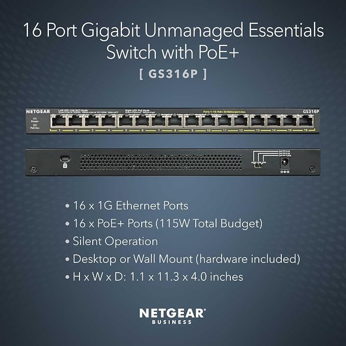 NETGEAR 16-Port PoE+ Gigabit Ethernet Unmanaged Essentials Switch - - Image 2