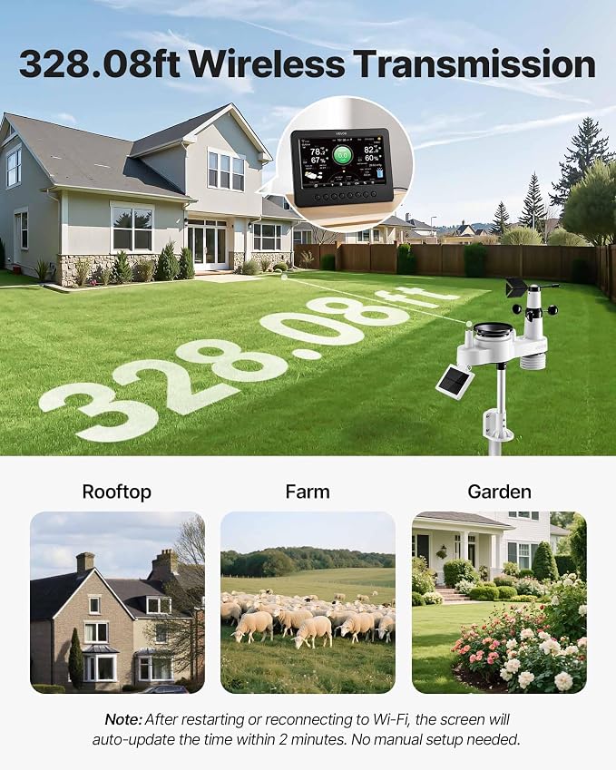 VEVOR 7-in-1 Wi-Fi Weather Station, 7-Inch TFT Display, Wireless Solar Powered - Image 7