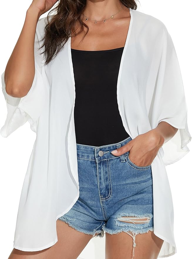 Women's Floral Print Puff Sleeve Kimono Cardigan Loose Cover Up Casual Blouse - Image 5
