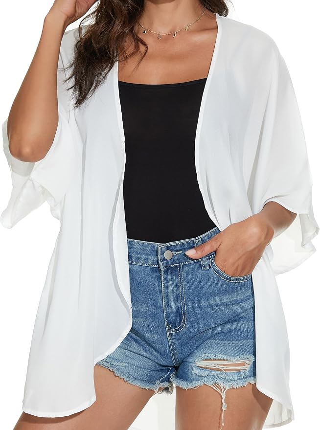 Women's Floral Print Puff Sleeve Kimono Cardigan Loose Cover Up Casual Blouse - Image 5