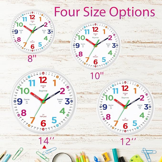 Roymnie14 Inch Wall Clock for Kids Learning to Tell Time Large Analog Silent - Image 7
