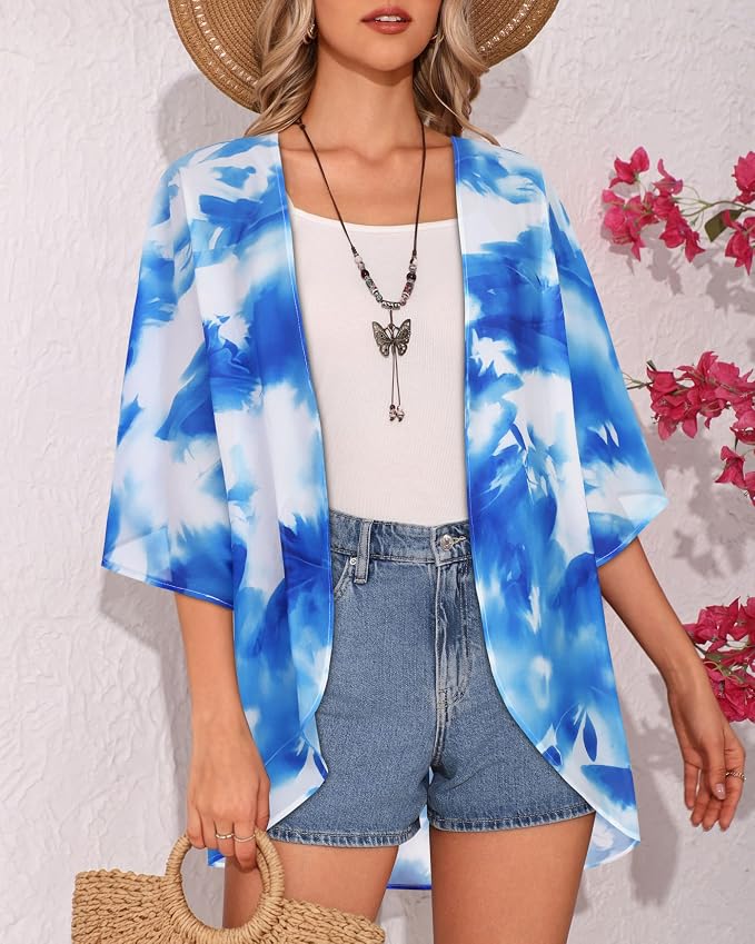 Women's Floral Print Puff Sleeve Kimono Cardigan Loose Cover Up Casual Blouse - Image 3
