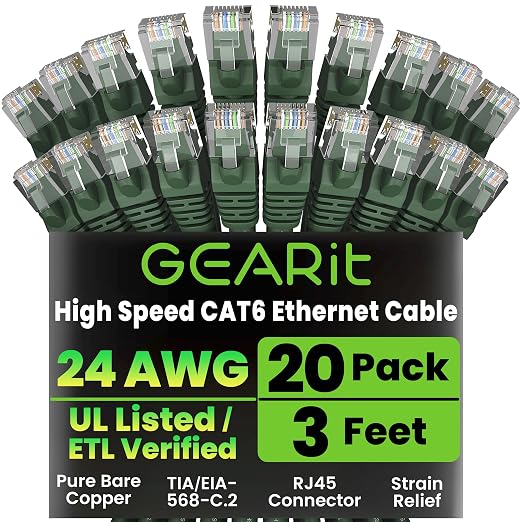 GEARit Cat 6 Ethernet Patch Cable 3 ft Green Cat6 Patch Cables 3ft by GEARit