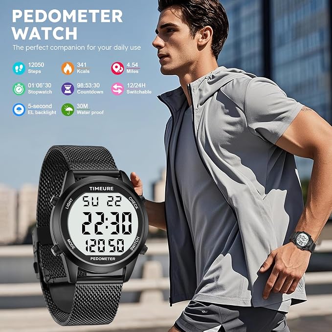 Men's Pedometer Watch with Stainless Steel Bracelet, Step Counter Watch No App - Image 2