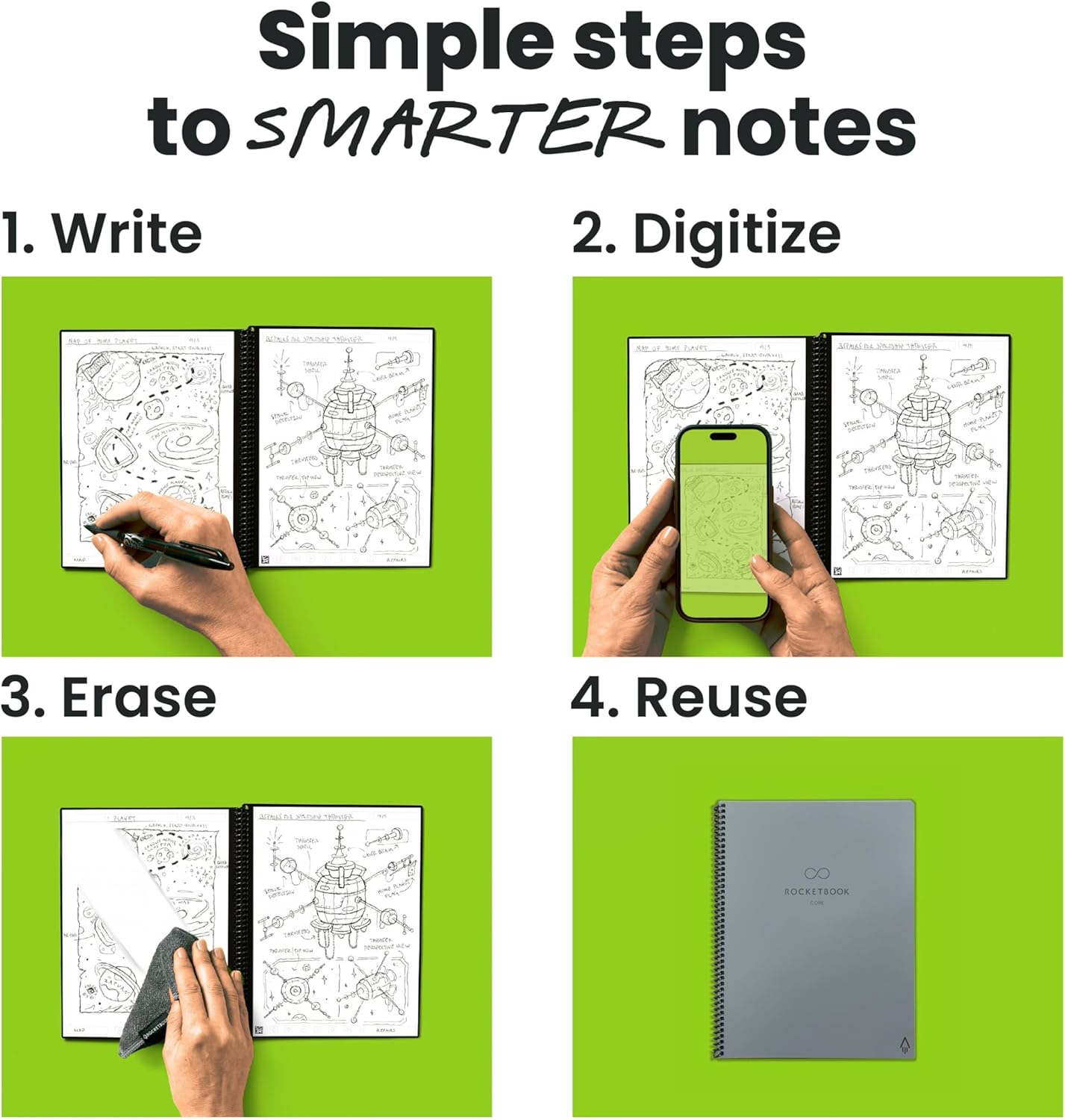 Rocketbook New Core Reusable Spiral Notebook, Letter Size 8.5x11, Gray - Dotted Pages, App-Connected, Erasable, Durable Cover, Ideal for School, Work, and Creative Projects