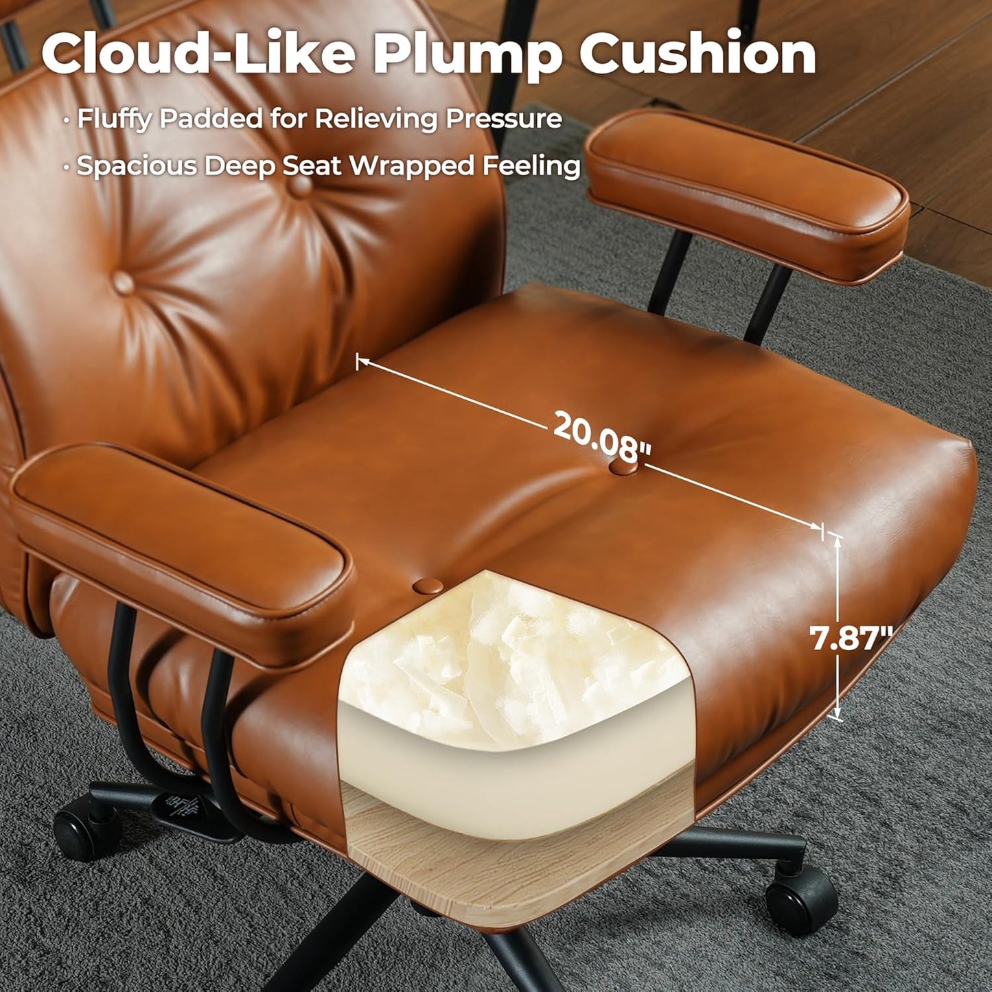 ovios Home Office Chair, Mid-Century Modern Faux PU Leather Chairs with Lumbar Support Comfy Thick Cushion, High Back Ergonomic Swivel Rolling Executive Armchair (Brown, PU Leather)
